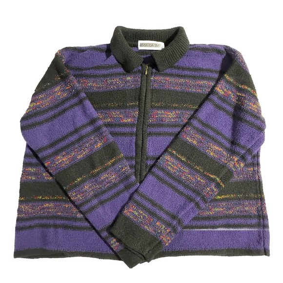 Amanda Smith Sweaters - Amanda Smith Women M Full Zipper Knit Sweater Purple Multi Colored Stripes